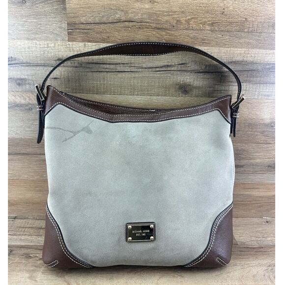 MICHAEL KORS Gray & Brown SUEDE & LEATHER SHOULDER HANDBAG - Picture 1 of 8